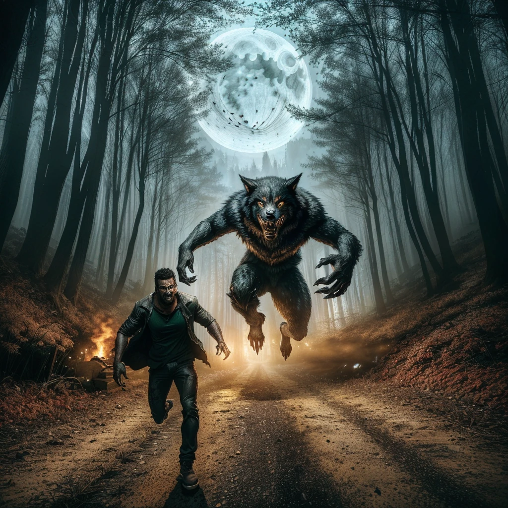 arafed image of a man running towards a werewolf in the woods, werewolf man, werewolf, people running in fear, werewolf?, scary creatures in background, an ominous fantasy illustration, transforming into werewolf, paranormal monster, hunting the monsters, scary atmosphere, uncanny and scary atmosphere, danger lurking in the night, scary picture, werewolf”, by Kristian Kreković