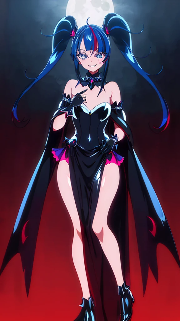 1girl,mature female,30s,sensual,black armor,cleavage,medusa hair,pointy ears,black hair((red skin,colored skin)),night,moon,floating,evil smile,dynamic pose,demon girl
