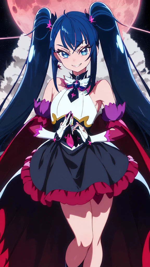 Highest quality, Super detailed,One girl, alone, {cure_null_hirogarunullprecure:1.15}, Dark blue hair, blue eyes, Blue flames in the eyes, Long Hair, Twin tails, Magical girl, bangs, Open your mouth, Redhead, multicoloRedhead, One girl, blunt bangs, Darken your clothes, hair ornaments, Wicked Smile, devilish aura (Shiny fabric:1.5), Full Body Shot, Purple Gemstone, Fascinating, blush, (Beautiful attention to detail:1.6), Highly detailed face, Perfect lighting, Highly detailed CG, (Perfect hands, Perfect Anatomy), devil, Red and black color scheme, Shiny material, Grin, Black Ribbon, Black satin gloves, Evil clover leaf ornament, Black ruffles, jewelry, corruption, Latex gloss, Black Gothic Cloak, Wicked Smile, Dark world background, Red Moon, cloudy null, CG Style, One-sided black wing,deep shaded face,sadistic smile,Malice,contempt,laugh at,two hands,two legs,five fingers,