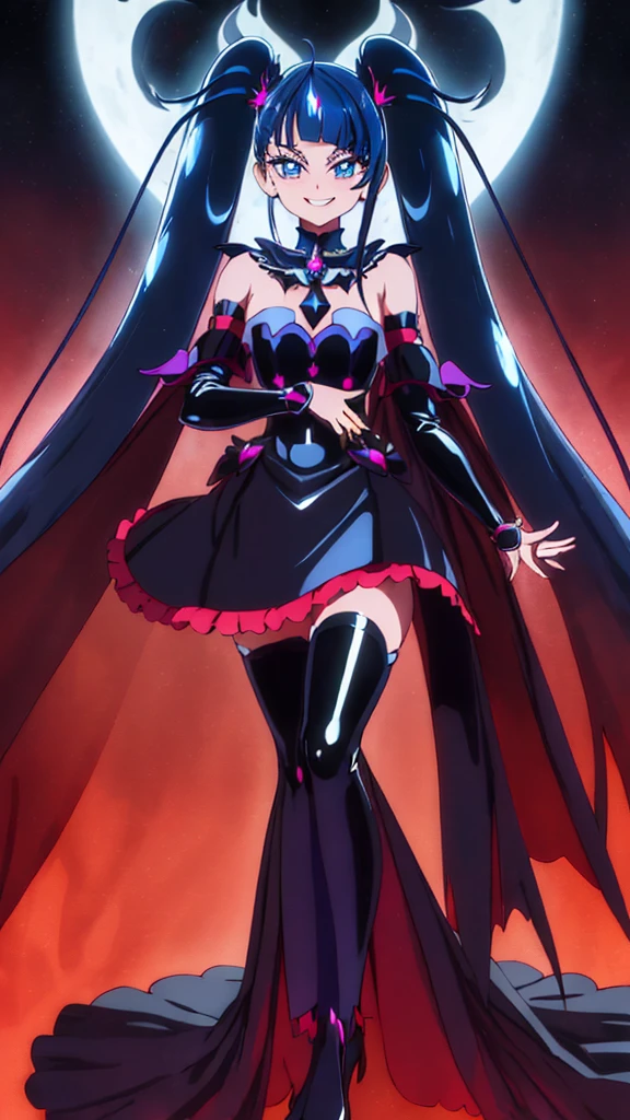 Highest quality, Super detailed,One girl, alone, {cure_null_hirogarunullprecure:1.15}, Dark blue hair, blue eyes, Blue flames in the eyes, Long Hair, Twin tails, Magical girl, bangs, Open your mouth, Redhead, multicoloRedhead, One girl, blunt bangs, Darken your clothes, hair ornaments, Wicked Smile, devilish aura (Shiny fabric:1.5), Full Body Shot, Purple Gemstone, Fascinating, blush, (Beautiful attention to detail:1.6), Highly detailed face, Perfect lighting, Highly detailed CG, (Perfect hands, Perfect Anatomy), devil, Red and black color scheme, Shiny material, Grin, Black Ribbon, Black satin gloves, Evil clover leaf ornament, Black ruffles, jewelry, corruption, Latex gloss, Black Gothic Cloak, Wicked Smile, Dark world background, Red Moon, cloudy null, CG Style, One-sided black wing,deep shaded face,sadistic smile,Malice,contempt,laugh at,two hands,two legs,five fingers,