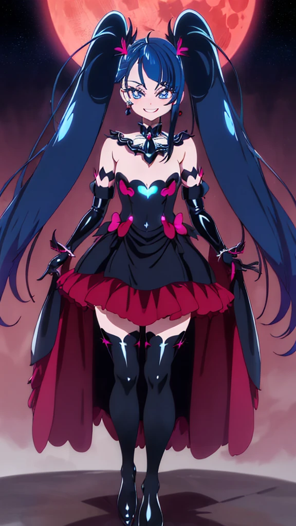 Highest quality, Super detailed,One girl, alone, {cure_null_hirogarunullprecure:1.15}, Dark blue hair, blue eyes, Blue flames in the eyes, Long Hair, Twin tails, Magical girl, bangs, Open your mouth, Redhead, multicoloRedhead, One girl, blunt bangs, Darken your clothes, hair ornaments, Wicked Smile, devilish aura (Shiny fabric:1.5), Full Body Shot, Purple Gemstone, Fascinating, blush, (Beautiful attention to detail:1.6), Highly detailed face, Perfect lighting, Highly detailed CG, (Perfect hands, Perfect ???????), devil, Red and black color scheme, Shiny material, Grin, Black Ribbon, Black satin gloves, Evil clover leaf ornament, Black ruffles, jewelry, corruption, Latex gloss, Black Gothic Cloak, Wicked Smile, Dark world background, Red Moon, cloudy null, CG Style, One-sided black wing,deep shaded face,sadistic smile,Malice,contempt,laugh at,two hands,two legs,five fingers,