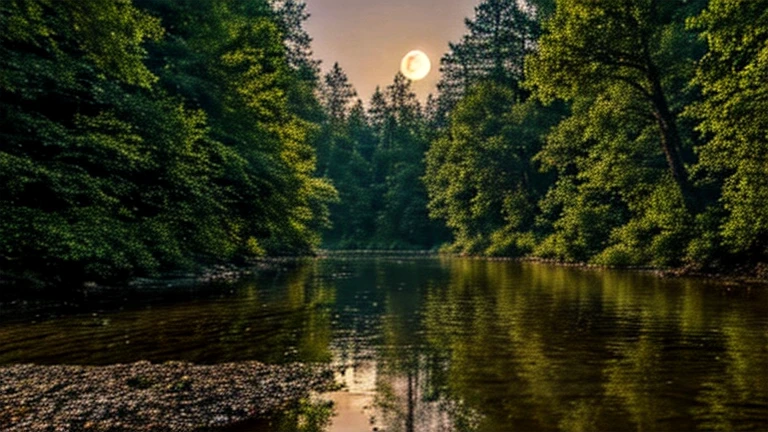 Better image quality, (Highly detailed CG Unity 8k wallpaper), (Best Quality), (best cyber realistic), (best shadows), shining river, with a shining moon, in the river crystal clear drinking water, natural elements in the forest theme. mysterious forest, beautiful forest, nature, surrounded by greenery, 5 deer, delicate leaves and branches surrounded (natural elements), (forest and deer theme), (leaves),(forest deer) reflection of the moon in the river 