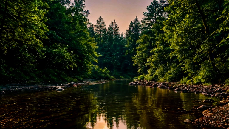 Better image quality, (Highly detailed CG Unity 8k wallpaper), (Best Quality), (best cyber realistic), (best shadows), shining river, with a shining moon, in the river crystal clear drinking water, natural elements in the forest theme. mysterious forest, beautiful forest, nature, surrounded by greenery, 5 deer, delicate leaves and branches surrounded (natural elements), (forest and deer theme), (leaves),(forest deer) reflection of the moon in the river