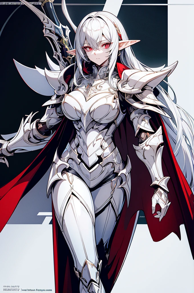 female elf knight, full body art, silver hair, white skin, red iris eye, knight full plate adorned armor, silver cape, perfectly detailed