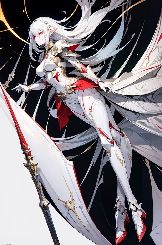 female elf knight, full body art, silver hair, white skin, red iris eye, knight full plate adorned armor, silver cape, perfectly detailed