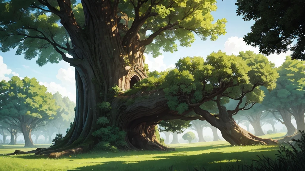 anime style, medieval anime, giant tree, about 50 meters, surrounded by a green field, no other trees nearby, dense and large tree canopy, leaves flying in the wind, extremely detailed image