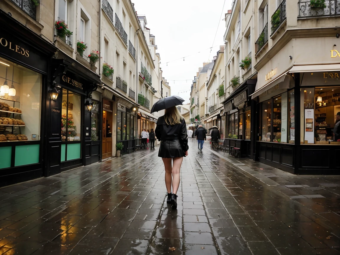 Beautiful woman, 23 years old, weighing 68 kg, Ukrainian girl, fair-skinned, blonde hair, athletic figure, very short leather miniskirt, cropped cardigan, deep neckline, girl with an umbrella walking down the street, France, a narrow Parisian street in rainy weather, wet asphalt reflecting lanterns and cafes, old buildings with exquisite architecture, picturesque flower pots and windows