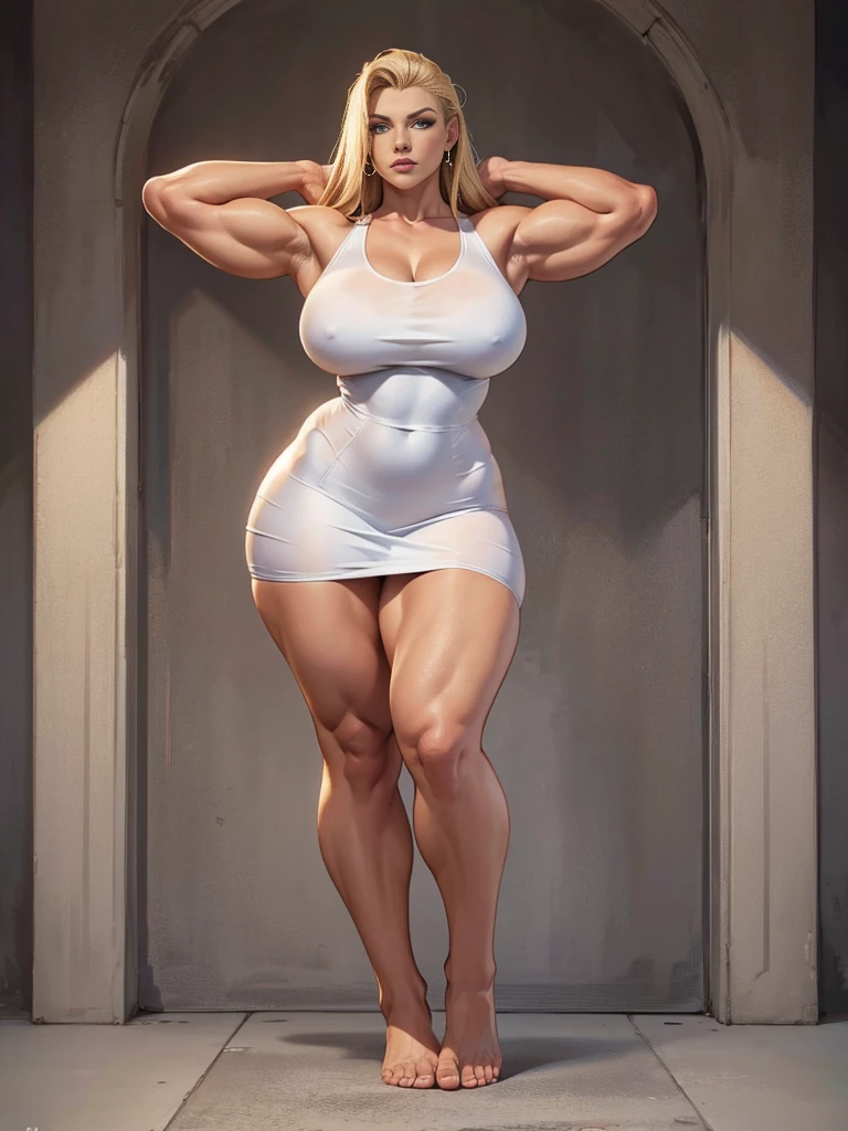 ((best quality)), ((4k)), ((highres)), ((masterpiece:1.2)). ((detailed)), ((ultra realistic)), ((intricate details)), ((full body picture)), ((character design sheet)), ((blank background)), ((standing in a blank background)), a gorgeous and tall ((around 6'0 tall)) blonde woman, plus size model, curvy model, thick, muscular model, muscular arms, muscular and feminine, bodybuilder woman, curvy and muscular woman, muscular and thick, tattoos on her arms ((tattoos on her arms)), vivid blue eyes, dressed in a tight slit dress, posing with her muscular arms above her head, ((posing with her muscular arms above her head)), barefeet ((BAREFEET)), ((BAREFEET))