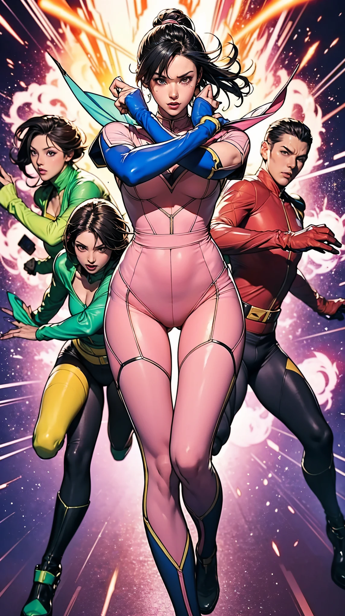 Solo, A brave and courageous image of a 6 member ranger team, Each one is decorated in vibrant colors such as:: ((Pink)), red is front of center, violet, Green, yellow, blue black, white,. Dynamic poses in a background that exudes energy and courage, neon, fire, plasma, Fluorescent, shocking, pink big bomber, splashing pink, running, fighting pose, action pose, Embodying the essence of the classic Sentai superhero team. Each Ranger:: The attire is sophisticated and modern, Each color has elements that reflect its theme., Ready for action. ((Camel Toe)), weapons, in sunset background , in cinematic lighting, cover art mixed cinema poster style,