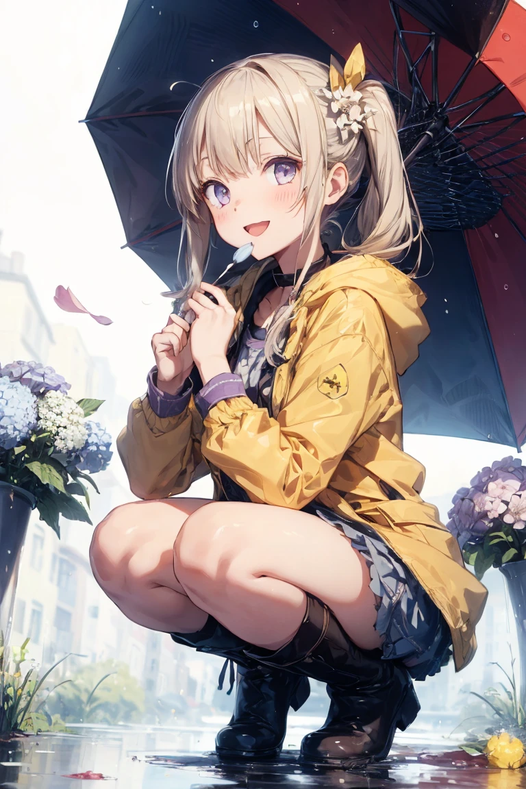 One Girl,rainbow,raincoat,yellow raincoat,rubber Knee-high boots,Hydrangea,flower,Long Hair,Twin tails,Knee-high boots,blush,umbrella,Open your mouth,hair ornaments,white background,Food,alone,Terboz,very Long Hair,Food up,Long sleeve,Low Ponytail,bow,bangs,smile,animal Food,closeD umbrella,puddle,Cowboy Shot、Squat,:D,snails,Yellow footwear, background,pink flower,Are standing,leaf umbrella,Holding umbrella,fooD-themeD hair ornaments,hair bow,animal ears,Holding,Blonde,hair flower,rain,animal,Gray Hair、Light purple eyes、Bob Hair、Laughter、Purple Raincoat、