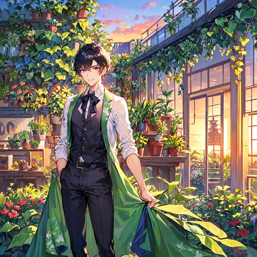 masterpiece,best quality,high quality,(1 male austere handsome solo adult age 30 years old:1.5), purple eyes, cool with suspended eyes, V-shaped eyebrows, body strong and fearless 8.5 head tall, height 185cm, (well-groomed black short hair down to neck:1.4), (bangs 7 thirds parted:1.4), slender nose, facial muscles, throat, (pants in houseplant print fashion:1.3), (standing), (stylish pose), (fearless smile:1.3), (botanical garden full of houseplants in background:1.5), (sunset:1.2), (upper body:1.3)