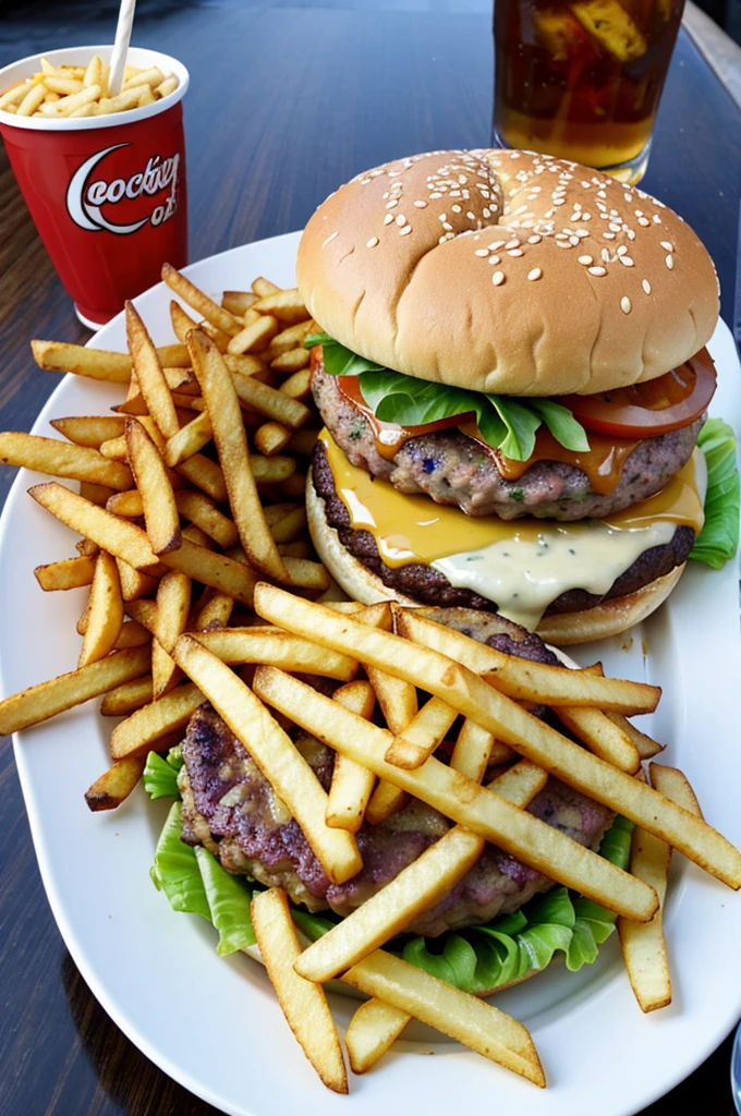 Burger with soda and fries
