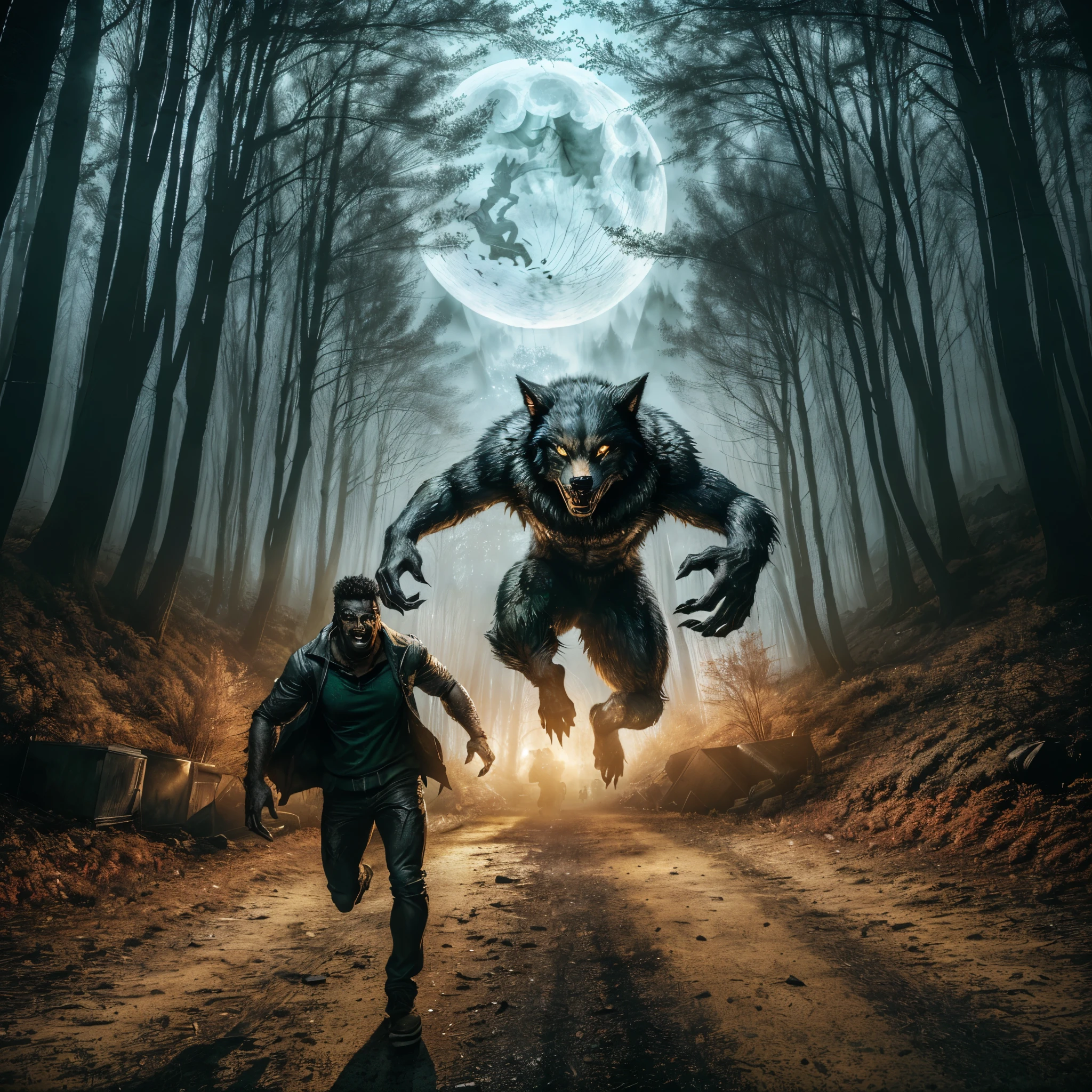 arafed image of a man running towards a werewolf in the woods, werewolf man, werewolf, people running in fear, werewolf?, scary creatures in background, an ominous fantasy illustration, transforming into werewolf, paranormal monster, hunting the monsters, scary atmosphere, uncanny and scary atmosphere, danger lurking in the night, scary picture, werewolf”, by Kristian Kreković