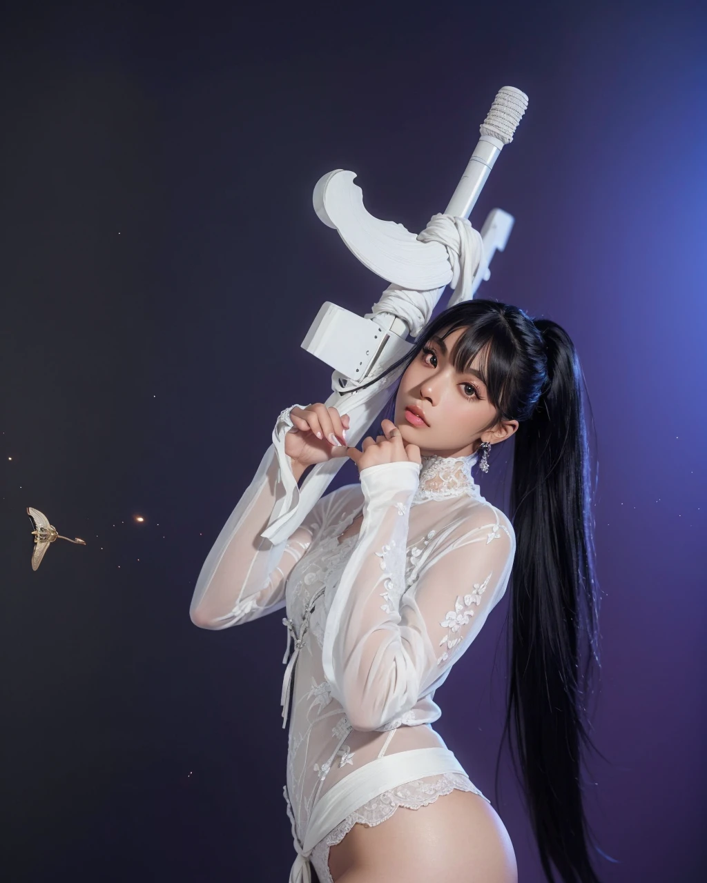 a black anime girl with long white hair, beautiful detailed eyes, beautiful detailed lips, extremely detailed eyes and face, longeyelashes, wearing a white outfit, holding a sword, impactive genshin style, elegant, graceful, beautiful, (best quality,4k,8k,highres,masterpiece:1.2),ultra-detailed,(realistic,photorealistic,photo-realistic:1.37),cinematic lighting,vibrant colors,dramatic composition