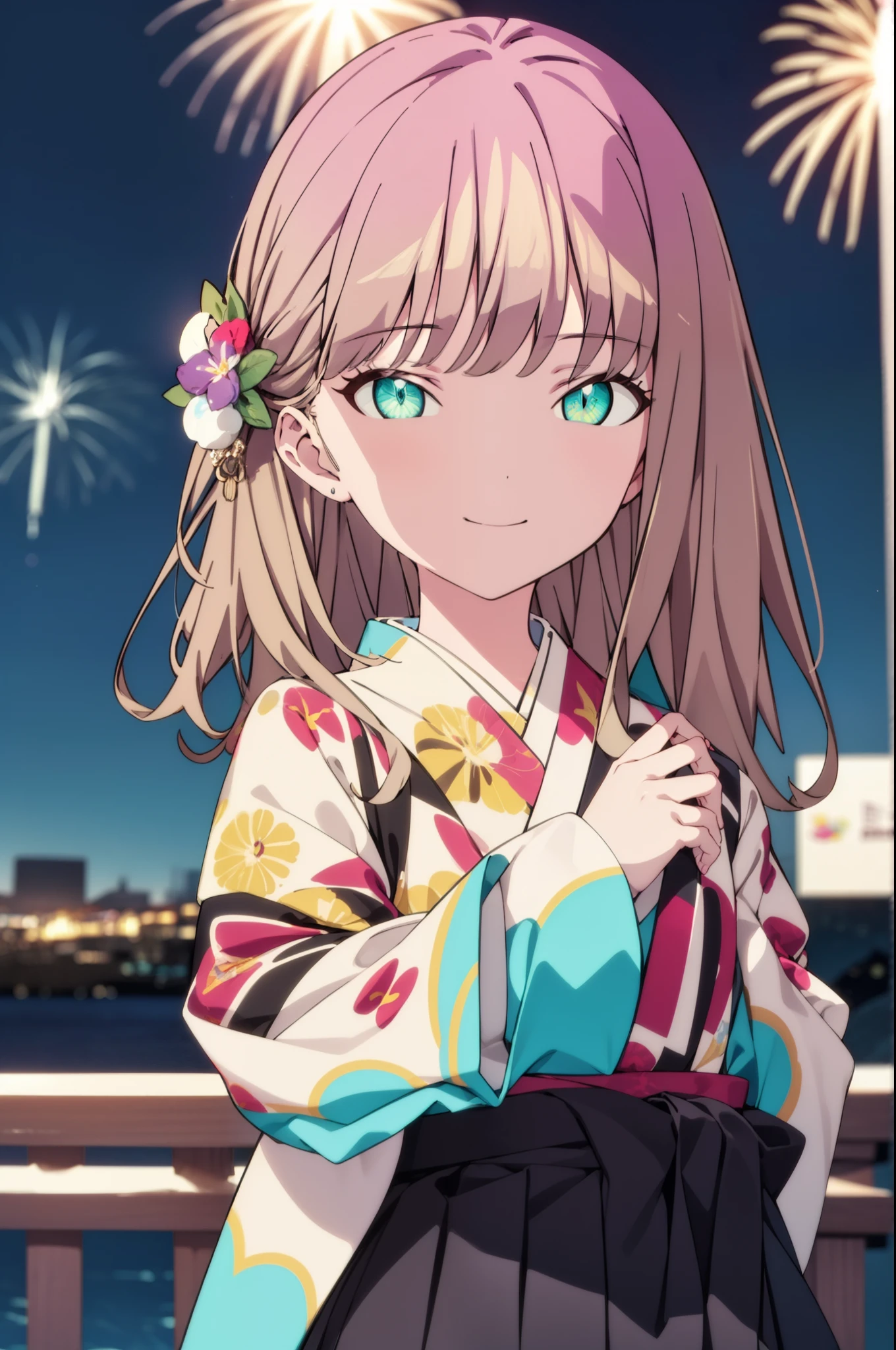 Yume Minami,sss dynazenon ,Brown Hair,Green Eyes,hair tied back,Flower hair ornament,Black Japanese Clothing,Thick sleeves,Sandals,So that the whole body goes into the illustration,smile,Fireworks in the night sky,Fireworks,The place is a fireworks display、Time is night,break outdoors, Festival,break looking at viewer, Upper Body,(Cowboy Shot:1. 5) , break (masterpiece:1.2), Highest quality, High resolution, unity 8k wallpaper, (shape:0.8), (Beautiful and beautiful eyes:1.6), Highly detailed face, Perfect lighting, Extremely detailed CG, (Perfect hands, Perfect Anatomy),