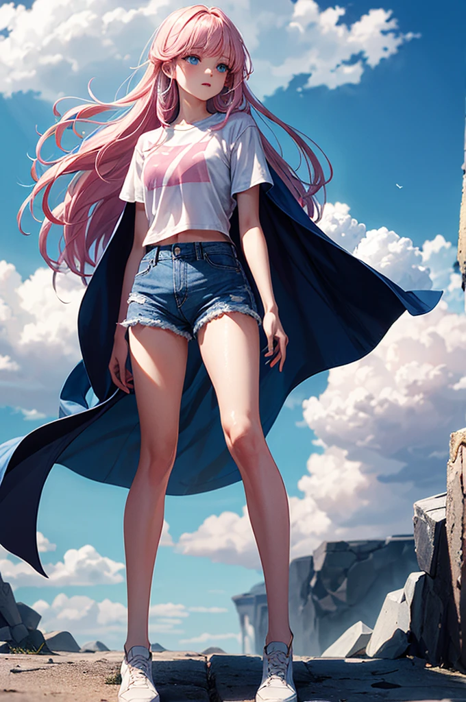 ((best quality)), ((masterpiece)), (detailed), 1girl, Pink hair, blue eyes, white t shirt, blue Jean shorts, rainbow colored cape, standing on cloud, young. Ethereal beauty.
