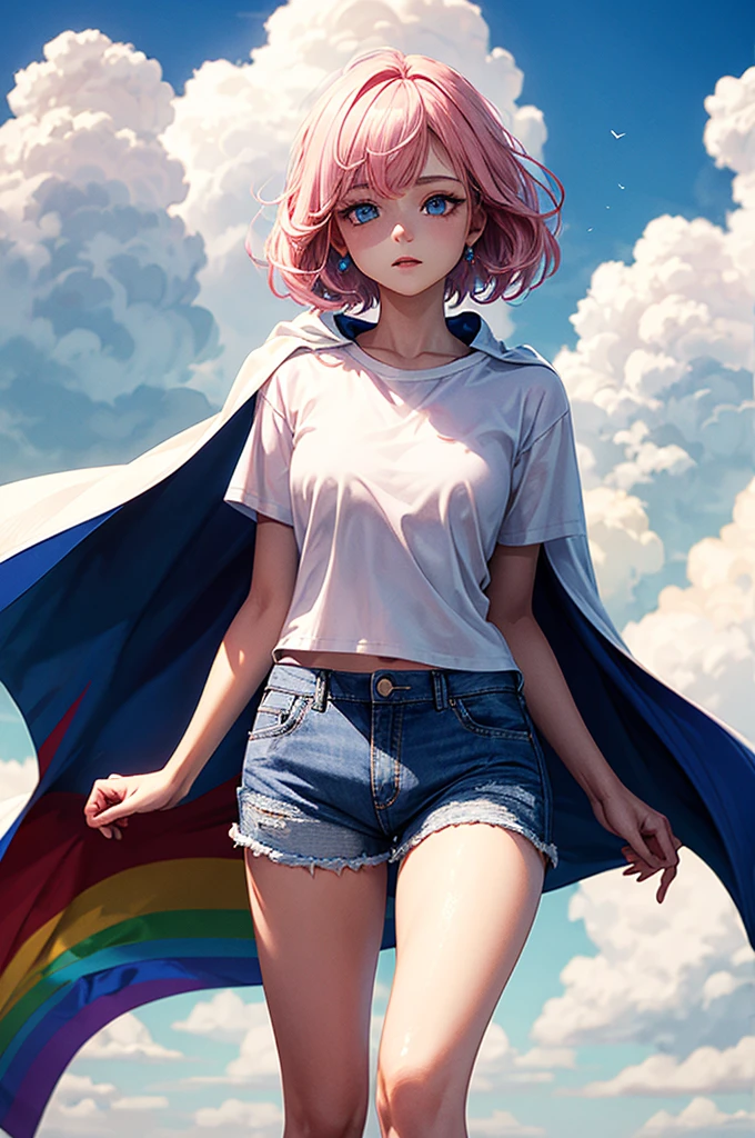 ((best quality)), ((masterpiece)), (detailed), 1girl, Pink hair, blue eyes, white t shirt, blue Jean shorts, rainbow colored cape, standing on cloud, young. Ethereal beauty. 