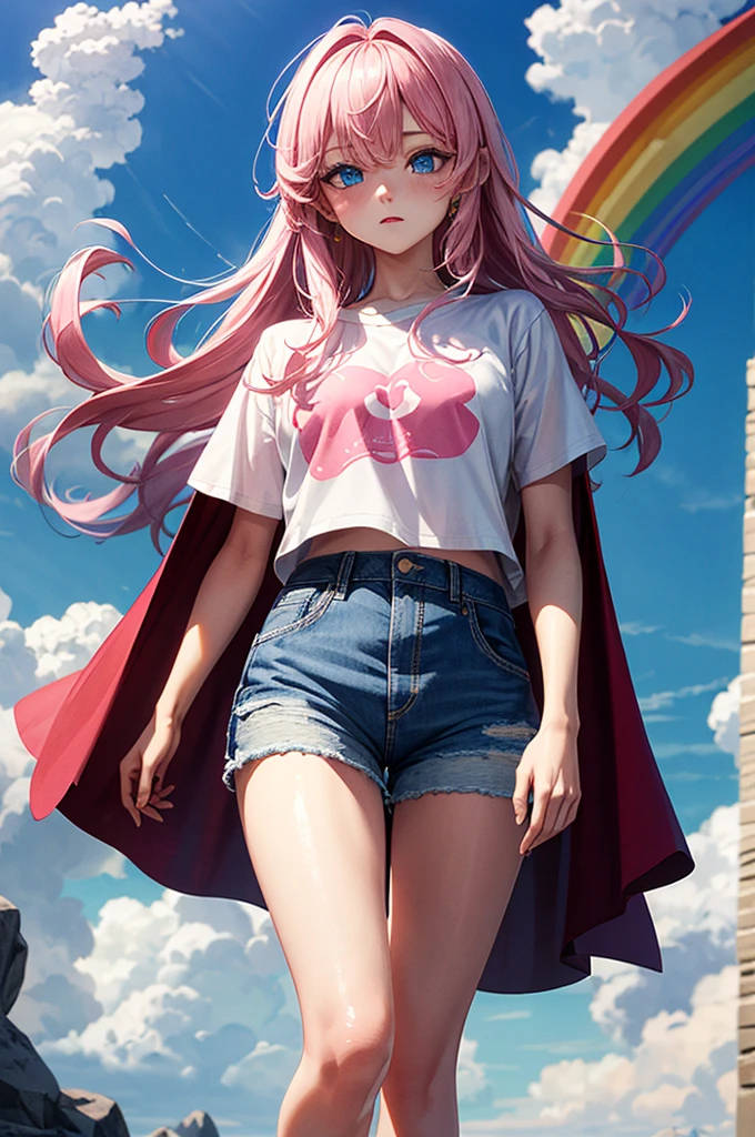 ((best quality)), ((masterpiece)), (detailed), 1girl, Pink hair, blue eyes, white t shirt, blue Jean shorts, rainbow colored cape, standing on cloud, young. Ethereal beauty.