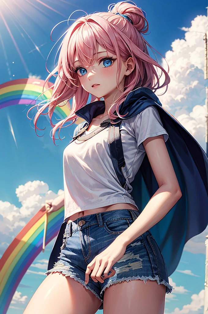 ((best quality)), ((masterpiece)), (detailed), 1girl, Pink hair, blue eyes, white t shirt, blue Jean shorts, rainbow colored cape, standing on cloud, young. Ethereal beauty. 