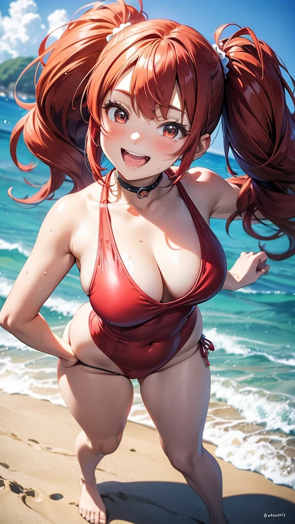 ore no imouto ga konna ni kawaii wake ga nai, 25-yers-old girl with crimson red hair - pulled up into twintail, wearing an anime one piece swimsuit, smiling, beach cove background, full body portrait, walking on the beach