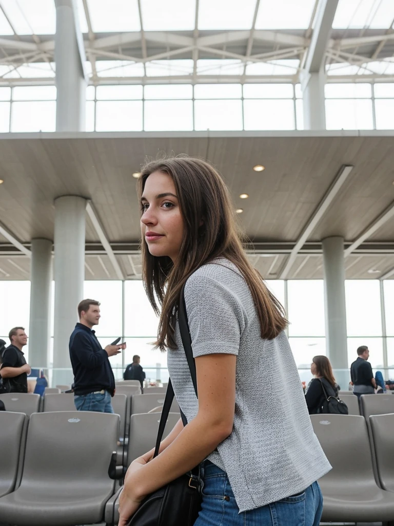 brunette girl at the airport from a low angle, 4 proposals from the same person