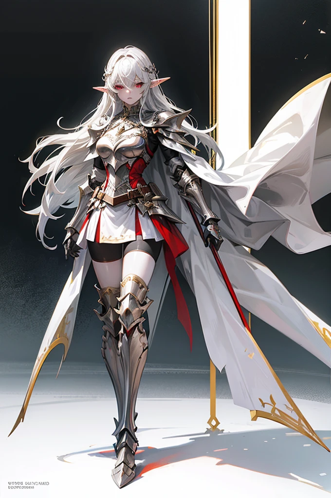 female elf knight, full body art, silver hair, white skin, red iris eye, knight full plate adorned armor, silver cape, perfectly detailed
