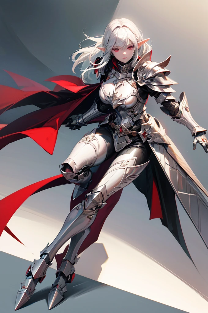 female elf knight, full body art, silver hair, white skin, red iris eye, knight full plate adorned armor, silver cape, perfectly detailed
