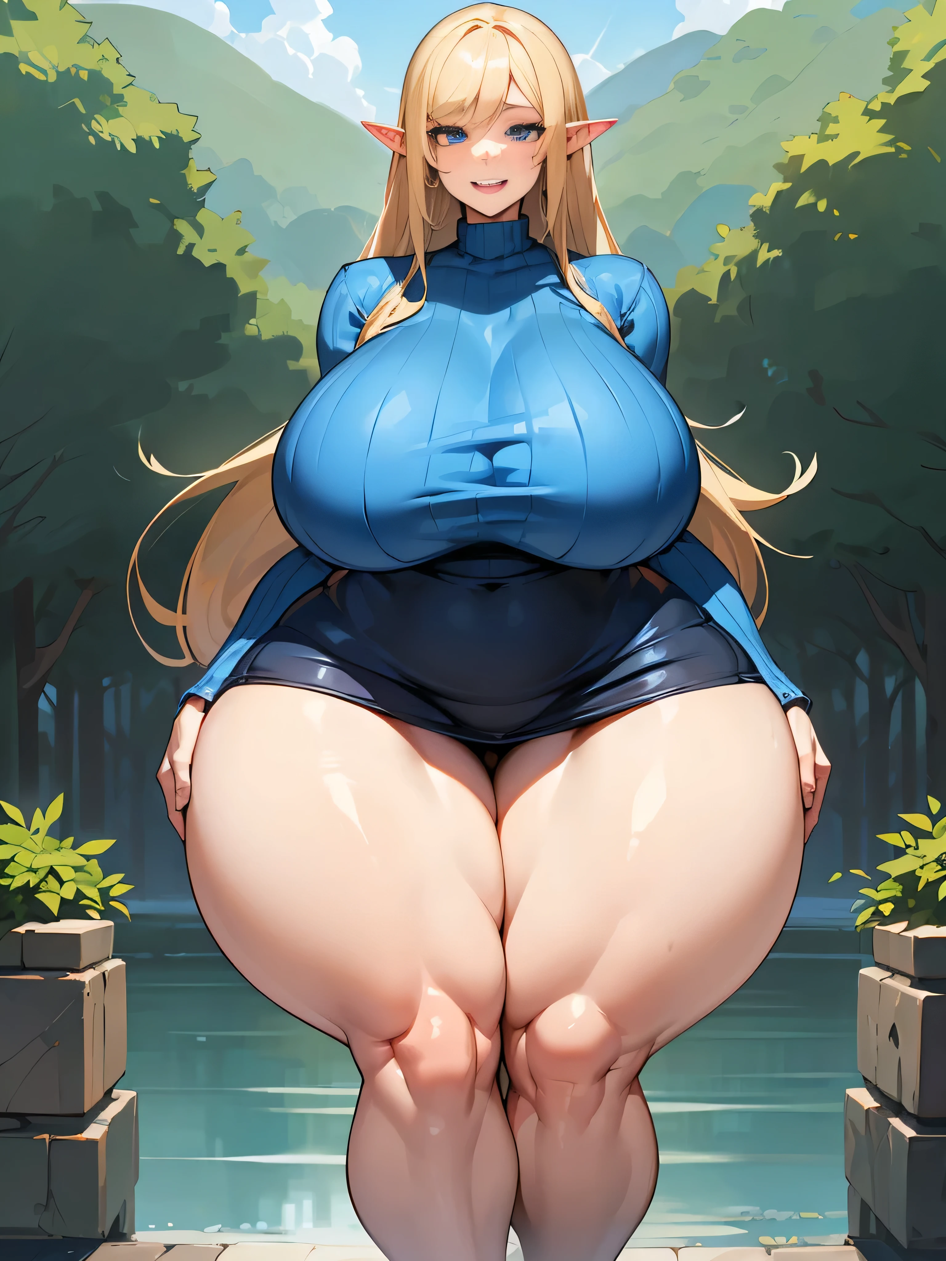 young elf girl, blue eyes, blue Pullover, black long skirt, whole body to see, smiled, excited, moans, blond long hair, (( very wide hips)), (((colossal Thighs, gigantic thighs, very huge thighs, very big thighs))), sexy pose, wet clothes, ((gigantic milky breasts))