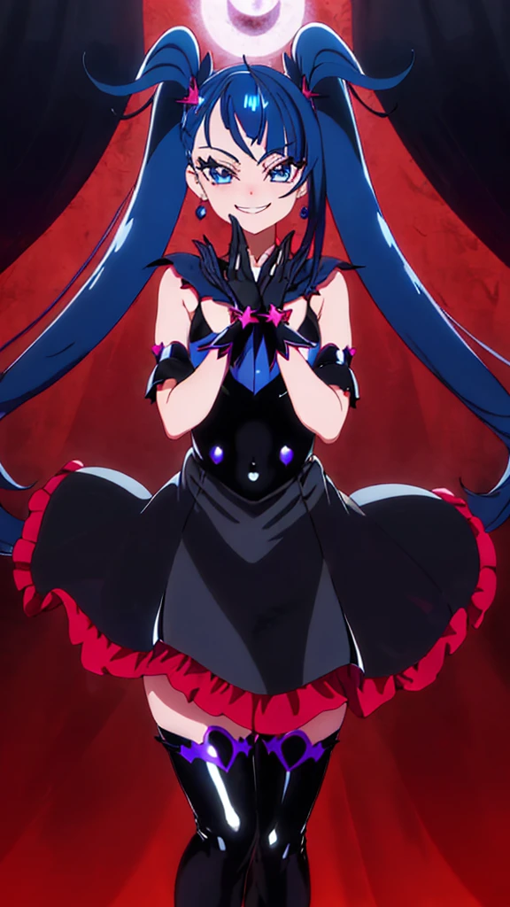 Highest quality, Super detailed,One girl, alone, {cure_null_hirogarunullprecure:1.15}, Dark blue hair, blue eyes, Blue flames in the eyes, Long Hair, Twin tails, Magical girl, bangs, Open your mouth, Redhead, multicoloRedhead, One girl, blunt bangs, Darken your clothes, hair ornaments, Wicked Smile, devilish aura (Shiny fabric:1.5), Full Body Shot, Purple Gemstone, Fascinating, blush, (Beautiful attention to detail:1.6), Highly detailed face, Perfect lighting, Highly detailed CG, (Perfect hands, Perfect Anatomy), devil, Red and black color scheme, Shiny material, Grin, Black Ribbon, Black satin gloves, Evil clover leaf ornament, Black ruffles, jewelry, corruption, Latex gloss, Black Gothic Cloak, Wicked Smile, Dark world background, Red Moon, cloudy null, CG Style, One-sided black wing,deep shaded face,sadistic smile,Malice,contempt,laugh at,two hands,two legs,five fingers,