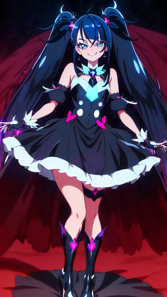 Highest quality, Super detailed,One girl, alone, {cure_null_hirogarunullprecure:1.15}, Dark blue hair, blue eyes, Blue flames in the eyes, Long Hair, Twin tails, Magical girl, bangs, Open your mouth, Redhead, multicoloRedhead, One girl, blunt bangs, Darken your clothes, hair ornaments, Wicked Smile, devilish aura (Shiny fabric:1.5), Full Body Shot, Purple Gemstone, Fascinating, blush, (Beautiful attention to detail:1.6), Highly detailed face, Perfect lighting, Highly detailed CG, (Perfect hands, Perfect Anatomy), devil, Red and black color scheme, Shiny material, Grin, Black Ribbon, Black satin gloves, Evil clover leaf ornament, Black ruffles, jewelry, corruption, Latex gloss, Black Gothic Cloak, Wicked Smile, Dark world background, Red Moon, cloudy null, CG Style, One-sided black wing,deep shaded face,sadistic smile,Malice,contempt,laugh at,two hands,two legs,five fingers,