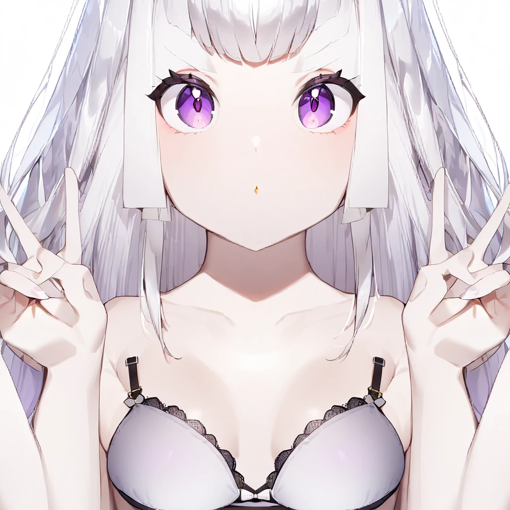 nafw,(1girl),(Solo),portrait,breast,absurdres,best quality,very aesthetic,absurdres,bra,(light silver White hair),太もも,(purple),(straight-on),(long hair),(bare breasts),(huge),(double v)