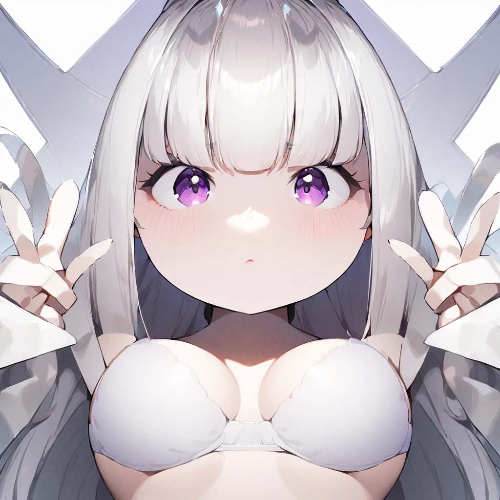 nafw,(1girl),(Solo),portrait,breast,absurdres,best quality,very aesthetic,absurdres,bra,(light silver White hair),太もも,(purple),(straight-on),(long hair),(bare breasts),(huge),(double v)