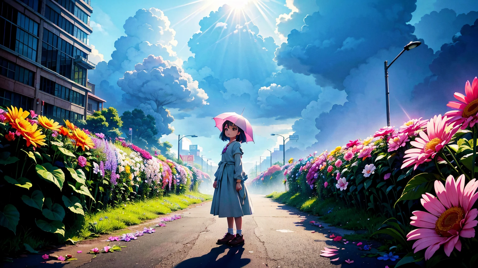 A vibrant flower blooms on the dirty ground of a large gray avenue. A crowd of gray, soulless people crosses the streets. A colorful , glowing with bright hues, stands protectively over the flower, protecting it with her little hands and determined eyes. Sunlight breaks through the dark clouds. Studio Ghibli style