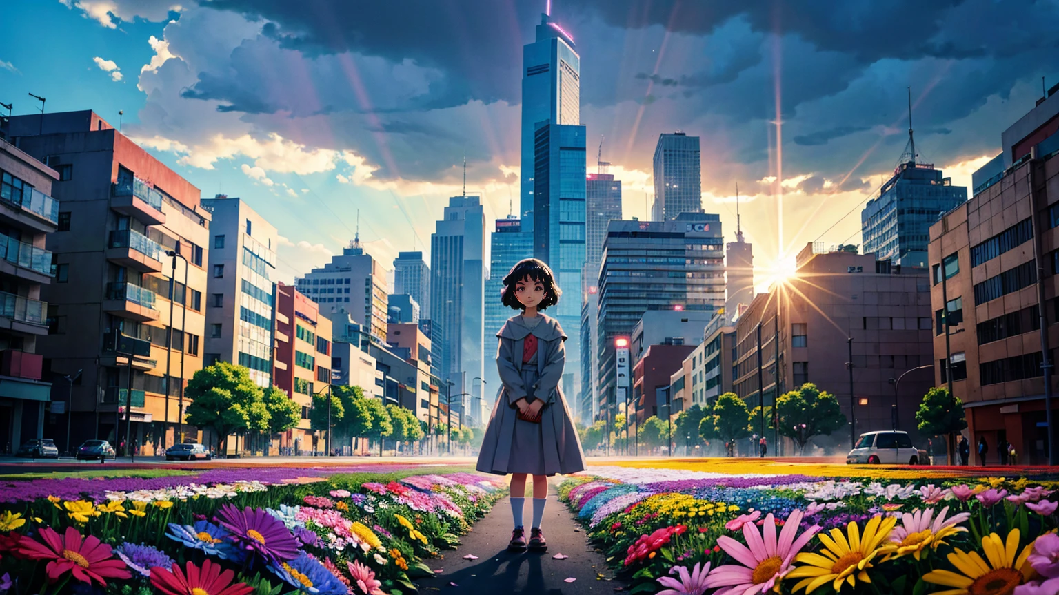 A vibrant flower blooms on the dirty ground of a large gray avenue. A crowd of gray, soulless people crosses the streets. A colorful , glowing with bright hues, stands protectively over the flower, protecting it with her little hands and determined eyes. Sunlight breaks through the dark clouds. Studio Ghibli style
