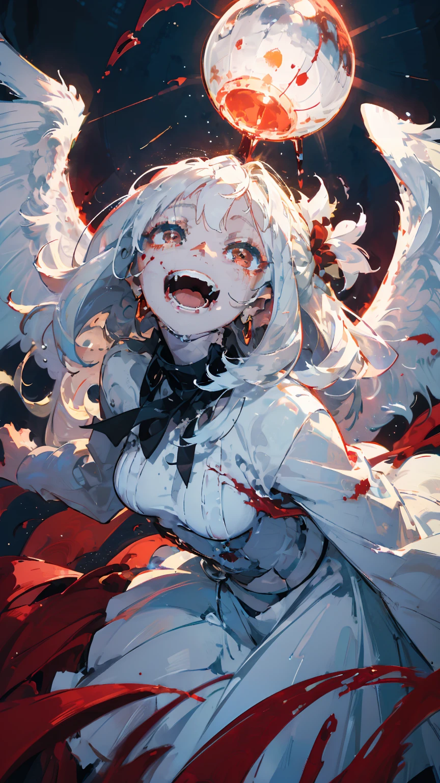 (woman\(A blood-red, dark angel halo is on his head., Angel Girl,My mouth is split,Pure white hair,Red eyes, Pure white skin, White costume,The girl is laughing wildly with her mouth wide open,Eyes with dilated pupils,Scary,A large amount of dark red liquid drips from the mouth and eyes.,Crazy smile,Monster,Monster mouth,\) pure white world、Looking up at me,Attacking pose,Wings made of blood (I&#39;m in the beautiful outdoors, Monster tentacles,Horror, mysterious,Blood Monster (Dark red liquid floating in the air,Spooky background),quality\(8K,非常に精細なCGユニットのwallpaper, masterpiece,High resolution,top-quality,top-quality real texture skin,Surreal,Increase the resolution,RAW Photos,最高quality,Very detailed,wallpaper,Cinema Lighting,Ray-tracing,Golden Ratio\),Long Shot,Overall, it looks ephemeral.,The depiction range is from the waist up,qualityの高い顔の描写,High-resolution facial depiction,ephemeral,Low saturation, Girl,1 person, evil spirit,grotesque