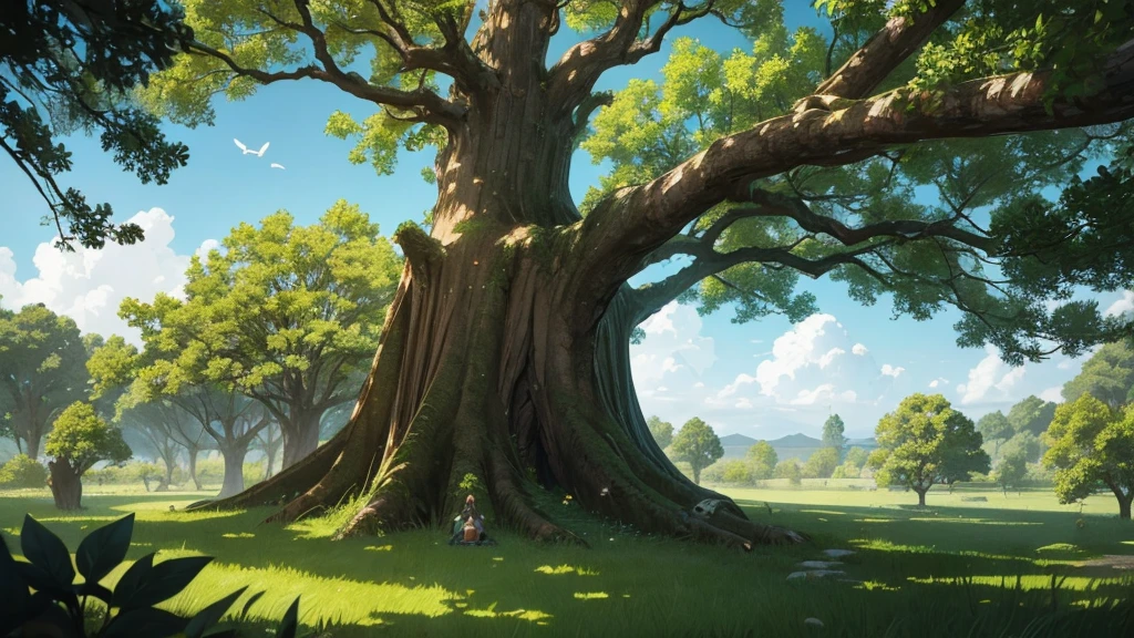 anime style, medieval anime, just one giant tree, about 50 meters, on top of a small relief, no other trees nearby, dense and large tree canopy, leaves flying with the wind, extremely detailed image