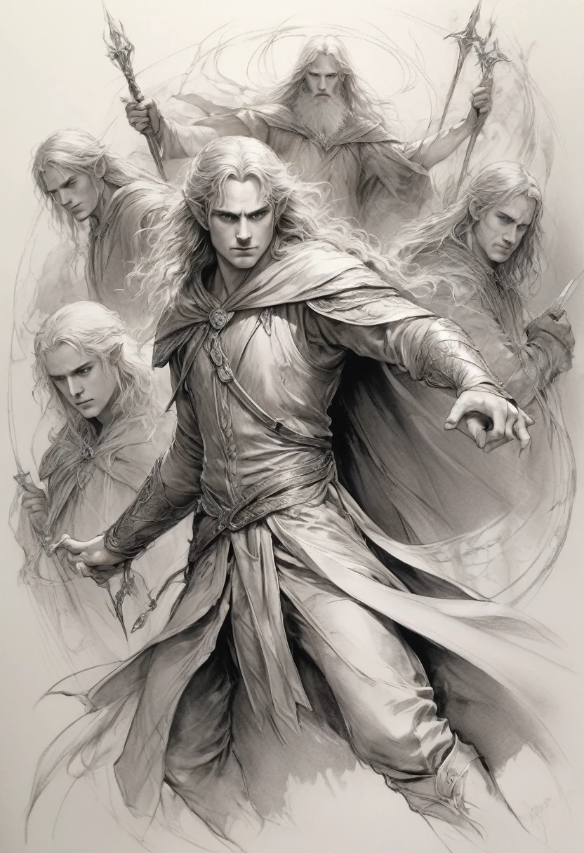 Anime line art of the ringsof power from The Lord Of The Rings trilogy, in dynamic pose, by Anna Razumovskaya, sketch, best quality, masterpiece, very aesthetic, perfect composition, intricate details, ultra-detailed, B&W