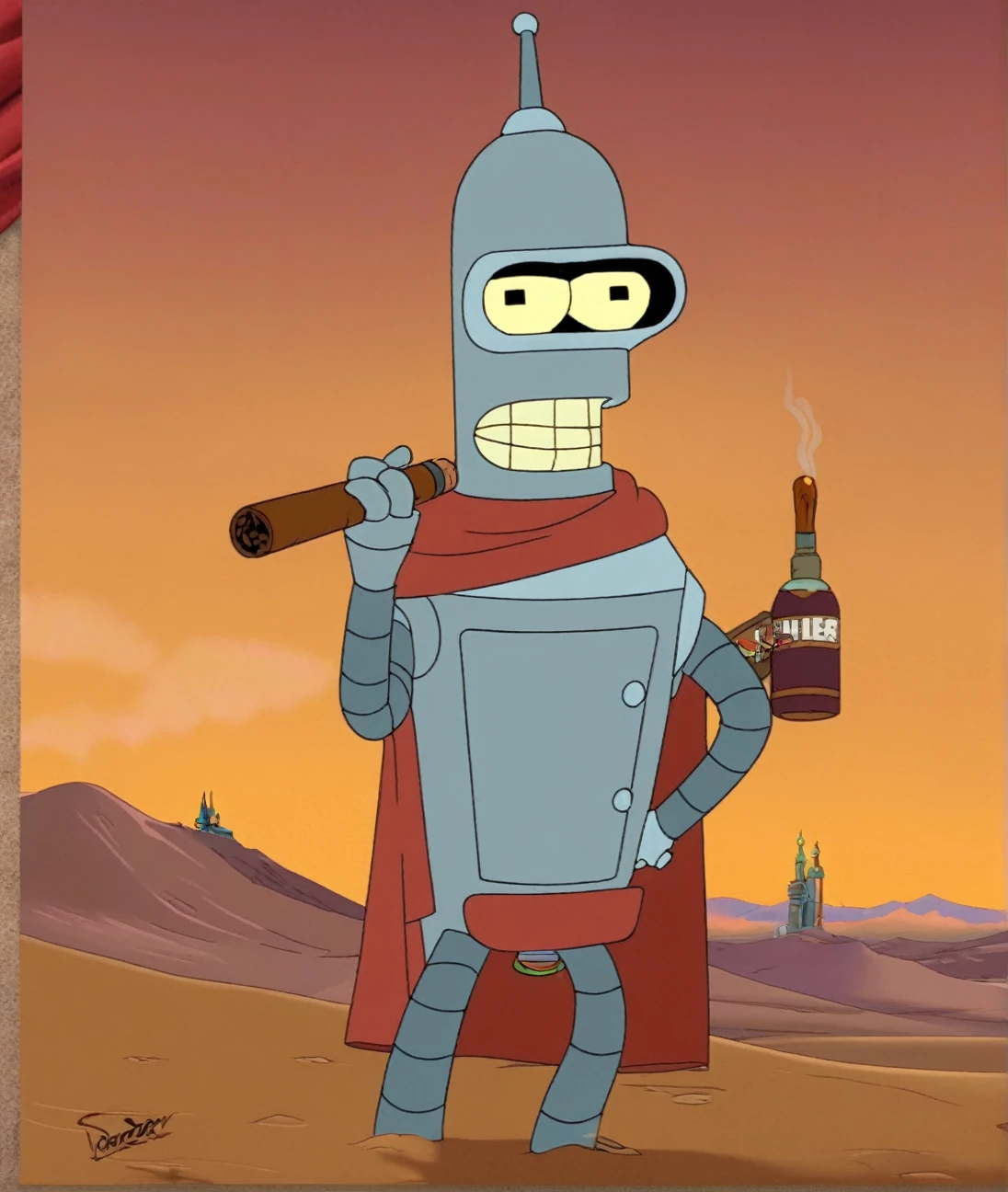 Bender, holding Cigar, Cape, Desert, Style of Futurama