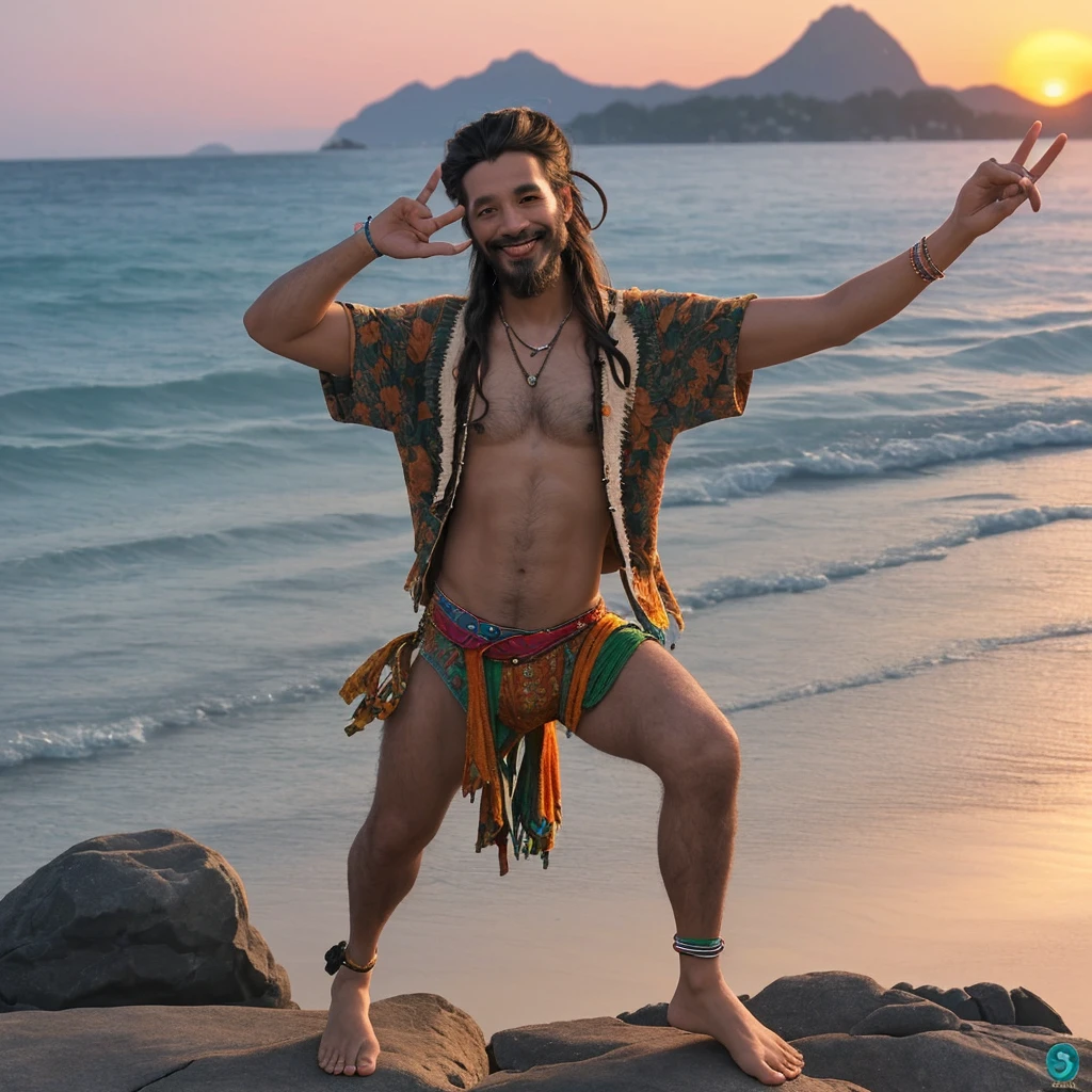HD,4K,man,Date Rock Hairstyle,smile,hippie outfit,Age 37,Smoking marijuana,island,sunset,5 fingers,uncrippled,