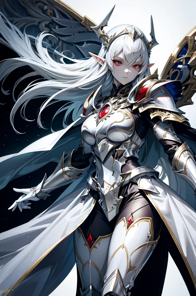 female elf knight, full body art, silver hair, white skin, red iris eye, knight full plate adorned armor, silver cape, perfectly detailed