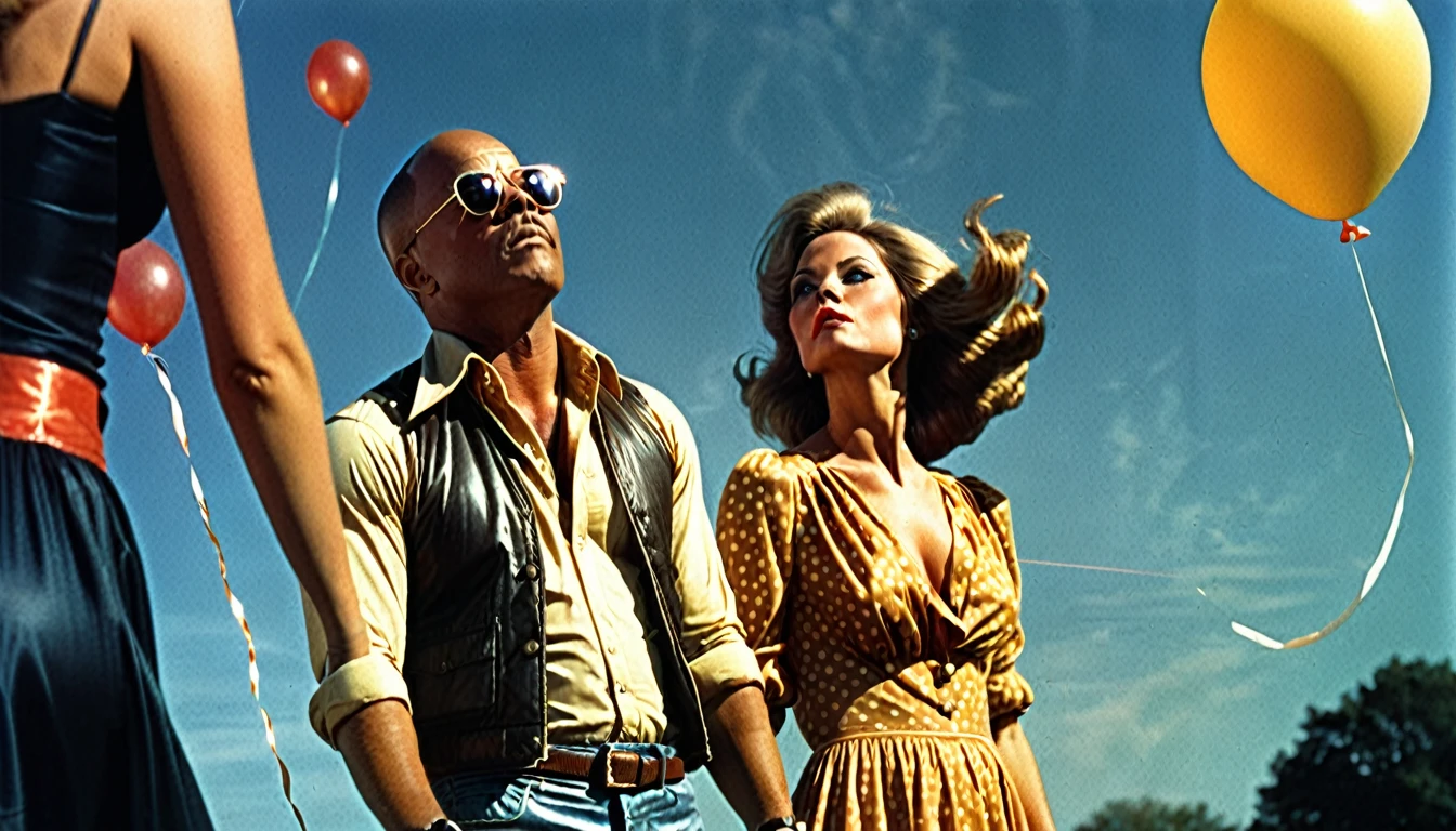 1970s photo of "Too Short" wearing 1970s attire, he is watching a beautiful woman blow up a balloon, atmospheric perspective, textured skin, cinematic action, super detail,