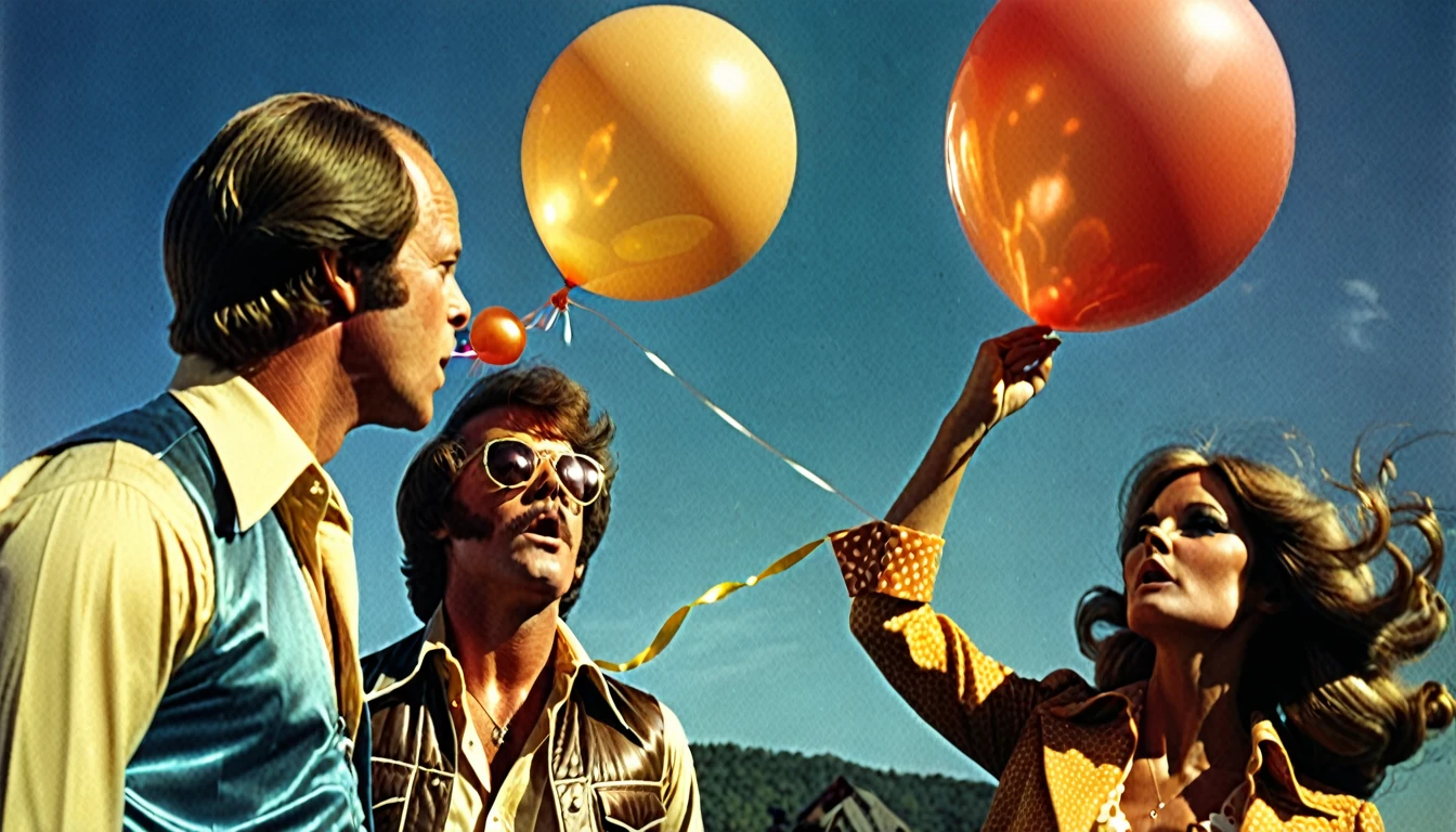1970s photo of "Too Short" wearing 1970s attire, he is watching a beautiful woman blow up a balloon, atmospheric perspective, textured skin, cinematic action, super detail,