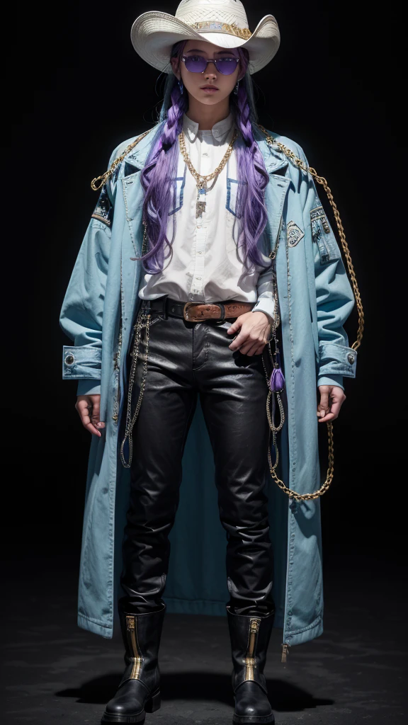 A girl, with white cowboy hat with purple details, with blue braided hair, with a long dark cyan jacket with orange details, chains and buckles on his light blue outfit underneath his jacket, gold boots and black pants, full bodied, Completely black background, highy detailed, holding the hat, full body view, sunglasses