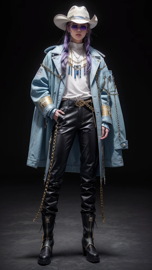 A girl, with white cowboy hat with purple details, with blue braided hair, with a long dark cyan jacket with orange details, chains and buckles on his light blue outfit underneath his jacket, gold boots and black pants, full bodied, Completely black background, highy detailed, holding the hat, full body view, sunglasses 