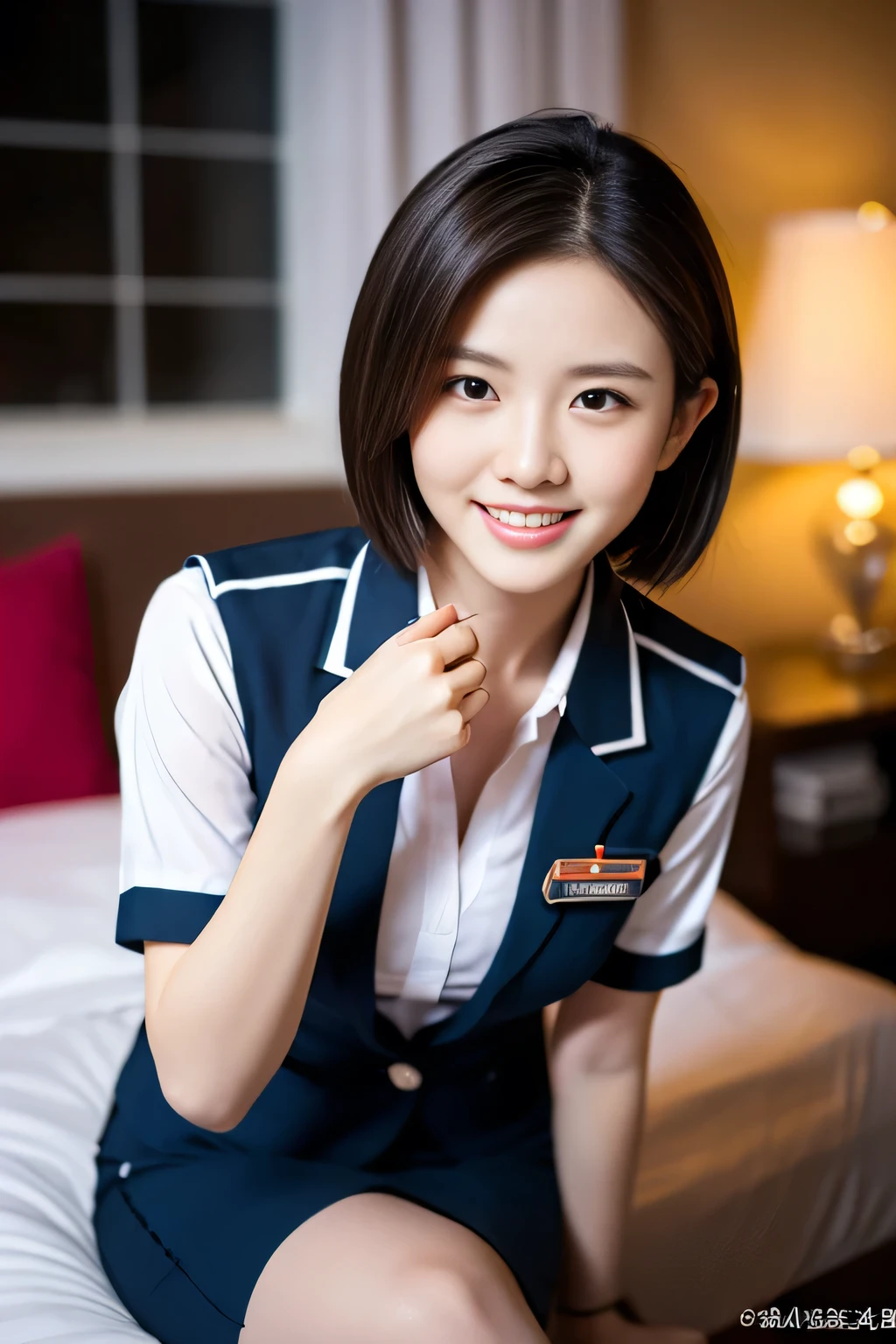 a gorgeous lady, age 21, Flight Attendant uniform, Shenzhen Airlines Stewardess, wet white shirt and pink mini-skirt, natural sitting pose on bed, dimpled smile, short ponytail hair, short bob hair, cute snaggleteeth, well-endowed round bosom, long flawless legs, photorealistic, beautiful detailed eyes, beautiful detailed face, hyper-realism, high contrast, ultra HD, realistic skin textures, top image quality, top-quality, super high resolution, fine details, very meticulously, full body shot, dark bokeh night background