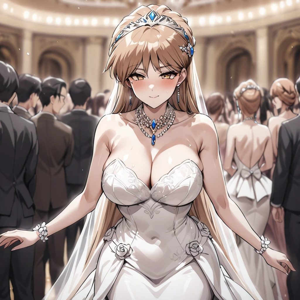 ((Highest quality)), ((masterpiece)), (detailed), (Perfect Face)、The woman is Princess Leona, wearing a mermaid-style wedding dress and has long, light brown hair.、The woman is the center of attention at a ballroom party attended by many people in a luxurious palace.