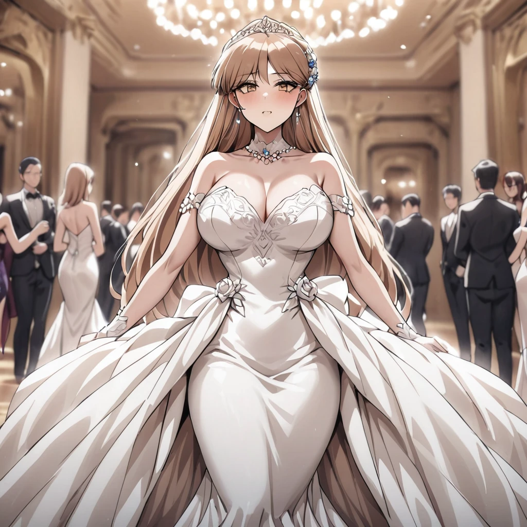 ((Highest quality)), ((masterpiece)), (detailed), （Perfect Face）、The woman is Princess Leona, wearing a mermaid-style wedding dress and has long, light brown hair.、The woman is the center of attention at a ballroom party attended by many people in a luxurious palace.