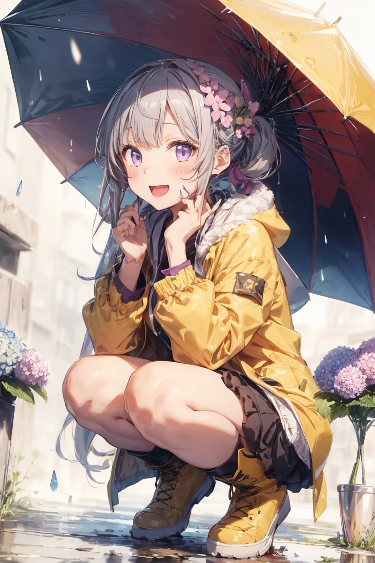 One Girl,rainbow,raincoat,yellow raincoat,rubber Knee-high boots,Hydrangea,flower,Long Hair,Twin tails,Knee-high boots,blush,umbrella,Open your mouth,hair ornaments,white background,Food,alone,Terboz,very Long Hair,Food up,Long sleeve,Low Ponytail,bow,bangs,smile,animal Food,closeD umbrella,puddle,Cowboy Shot、Squat,:D,snails,Yellow footwear, background,pink flower,Are standing,leaf umbrella,Holding umbrella,fooD-themeD hair ornaments,hair bow,animal ears,Holding,Blonde,hair flower,rain,animal,Gray Hair、Light purple eyes、Bob Hair、Laughter、Purple Raincoat、