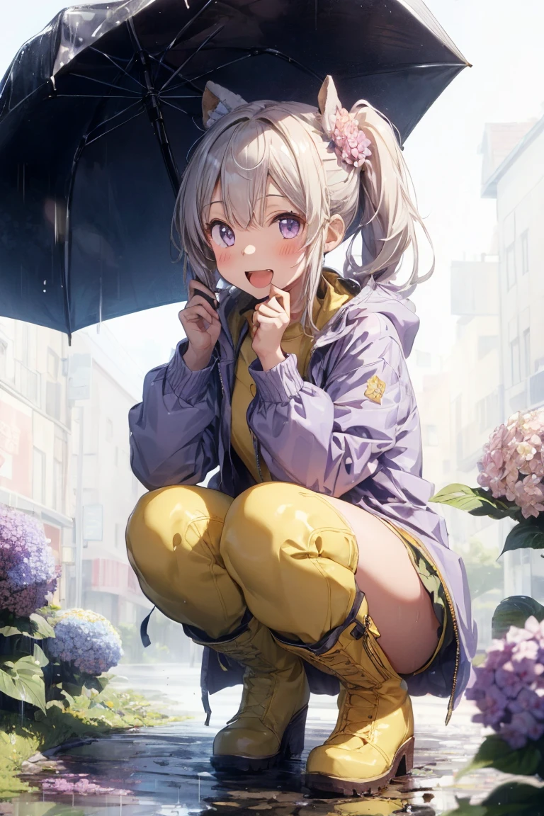 One Girl,rainbow,raincoat,yellow raincoat,rubber Knee-high boots,Hydrangea,flower,Long Hair,Twin tails,Knee-high boots,blush,umbrella,Open your mouth,hair ornaments,white background,Food,alone,Terboz,very Long Hair,Food up,Long sleeve,Low Ponytail,bow,bangs,smile,animal Food,closeD umbrella,puddle,Cowboy Shot、Squat,:D,snails,Yellow footwear, background,pink flower,Are standing,leaf umbrella,Holding umbrella,fooD-themeD hair ornaments,hair bow,animal ears,Holding,Blonde,hair flower,rain,animal,Gray Hair、Light purple eyes、Bob Hair、Laughter、Purple Raincoat、