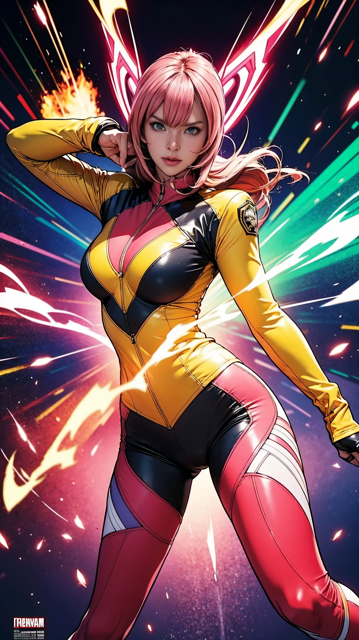 Solo, A brave and courageous image of a 6 member ranger team, Each one is decorated in vibrant colors such as:: ((Pink)), red is front of center, violet, Green, yellow, blue black, white,. Dynamic poses in a background that exudes energy and courage, neon, fire, plasma, Fluorescent, shocking, pink big bomber, splashing pink, running, fighting pose, action pose, Embodying the essence of the classic Sentai superhero team. Each Ranger:: The attire is sophisticated and modern, Each color has elements that reflect its theme., Ready for action. ((Camel Toe)), weapons, in sunset background , in cinematic lighting, cover art mixed cinema poster style,